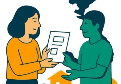 Illustration showing a woman and man exchanging land documents in Vietnam